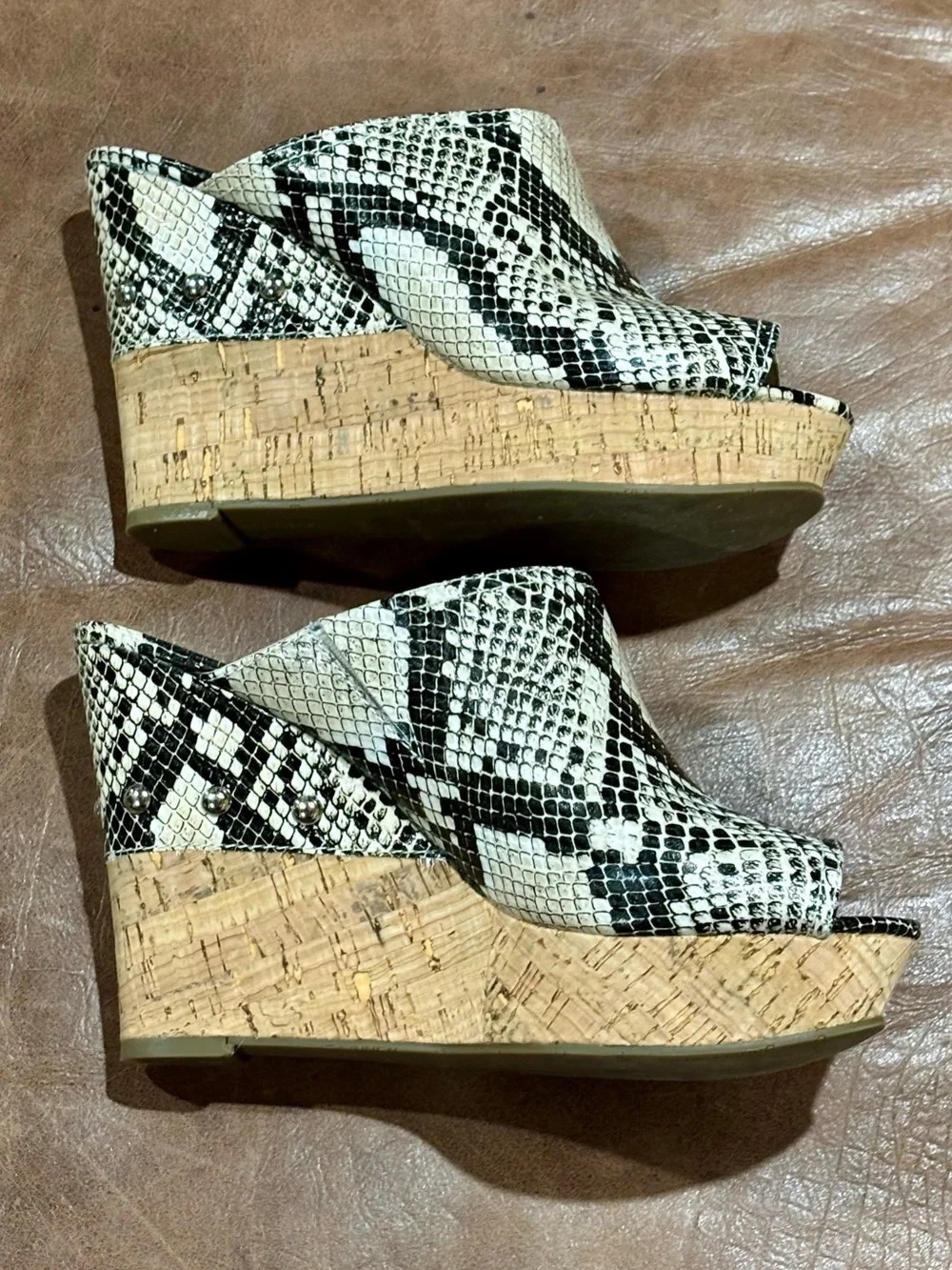 Marc Fisher Black and White Snake-Print Cork Wedge Mules